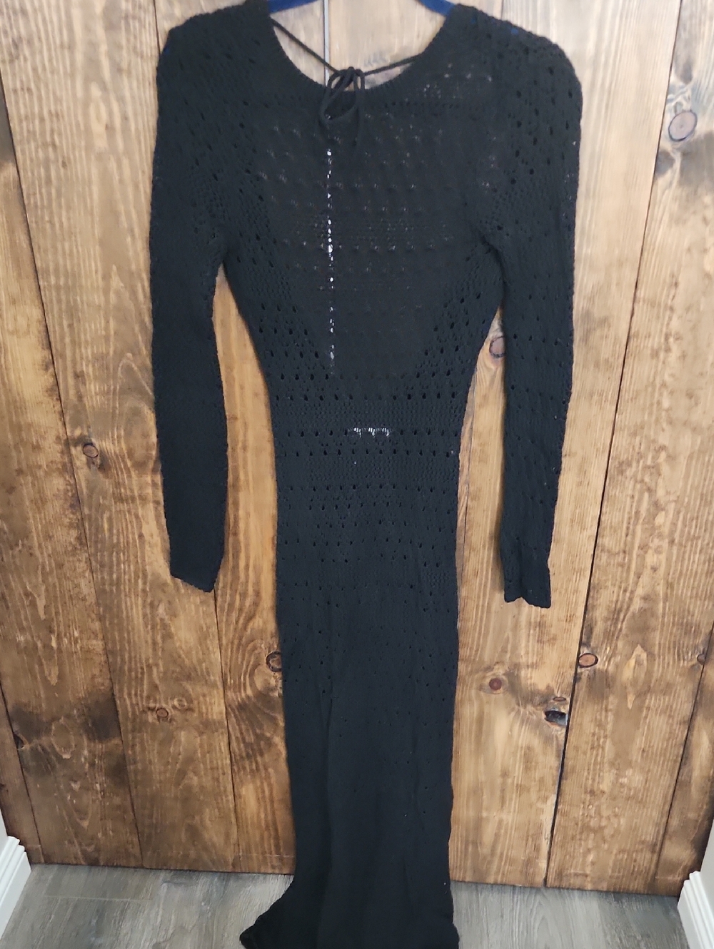 Black Reformation Long Sleeve Crochet Knit Maxi Dress